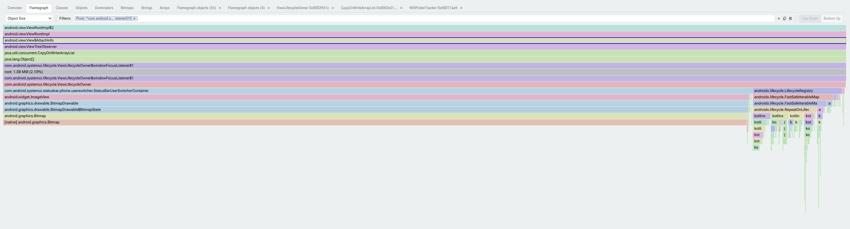 Perfetto Heap Dump Explorer showing flamegraphs, class tables, and bitmap metadata