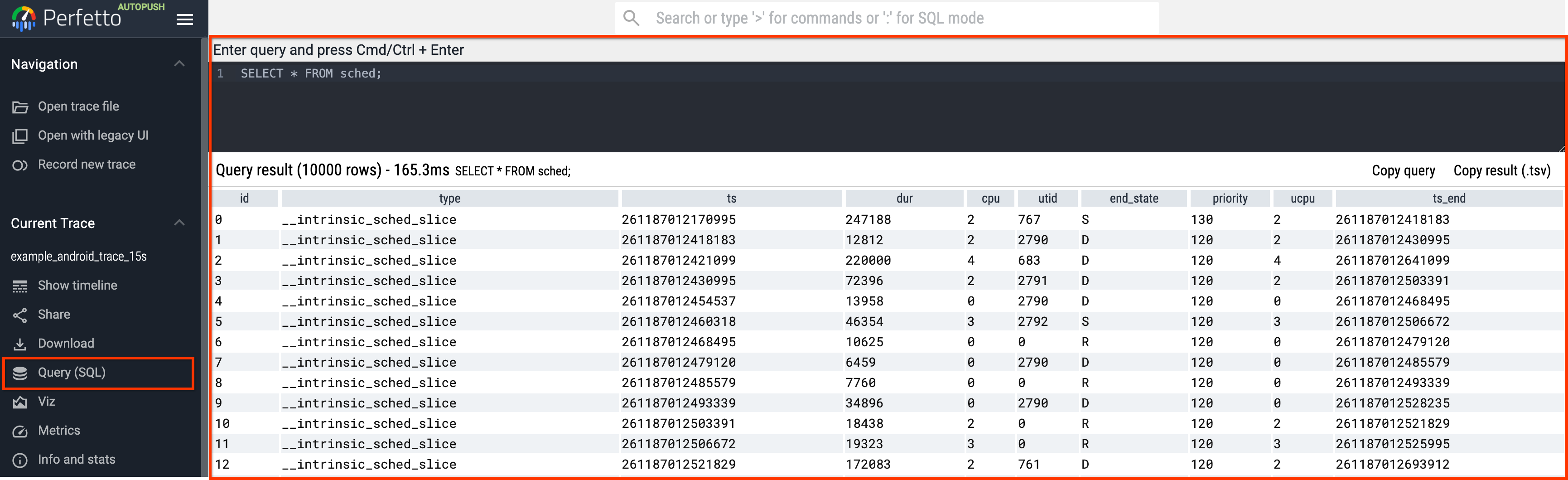 Query for debug counter track