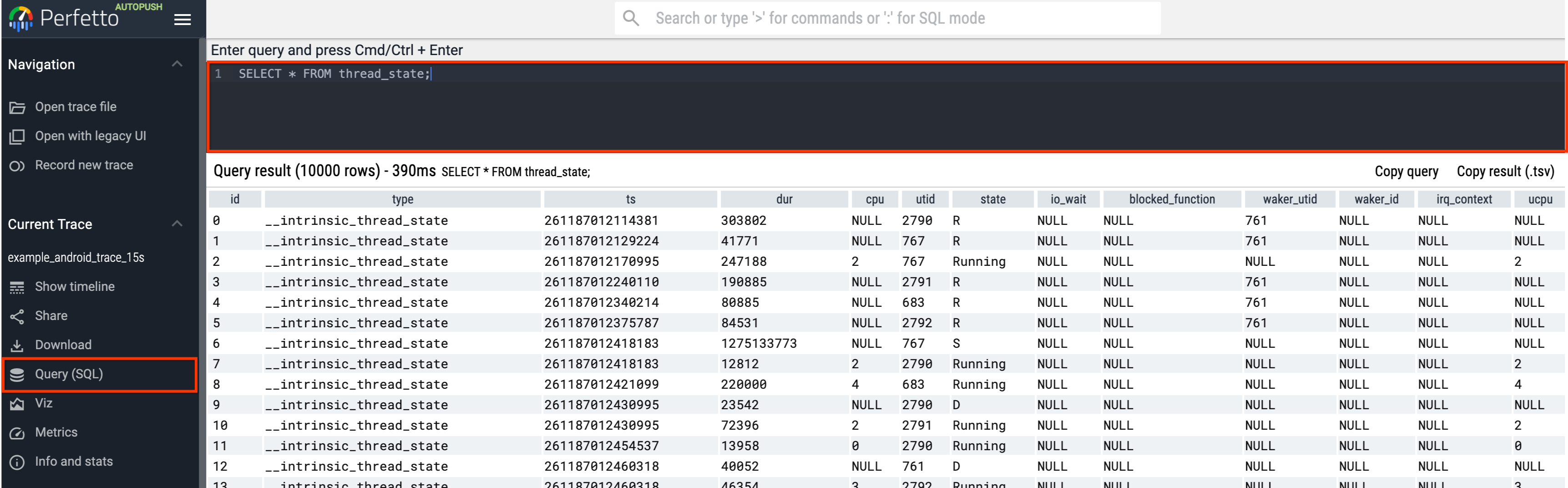 Query for debug slice track