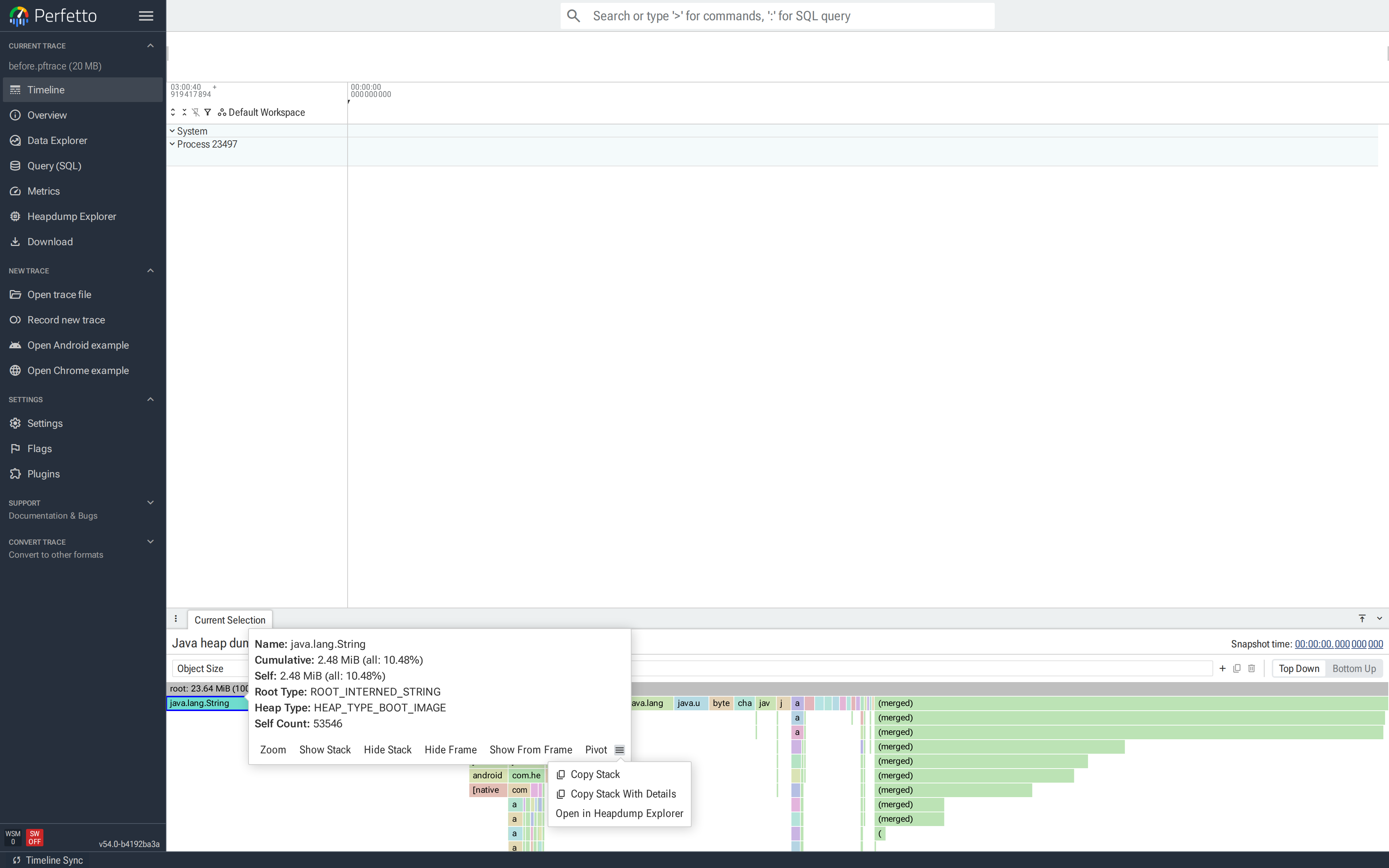 Heap graph flamegraph with the `java.lang.String` node selected; the details popup lists its Cumulative size, Root Type and Self Count, and its overflow menu is open with "Open in Heapdump Explorer" visible.