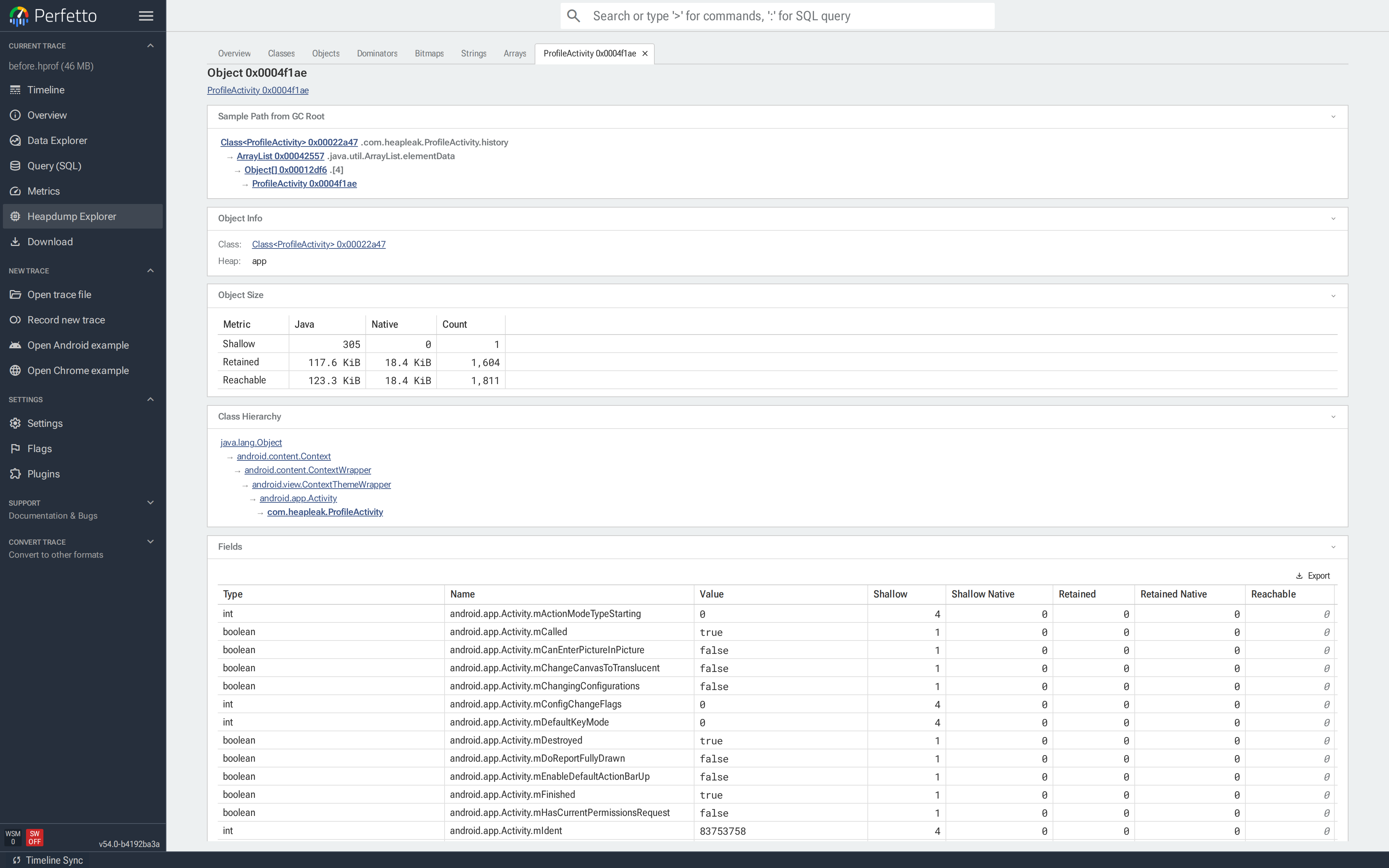 Tab bar with the seven fixed tabs and a dynamic object tab opened for `ProfileActivity 0x00032f52`.
