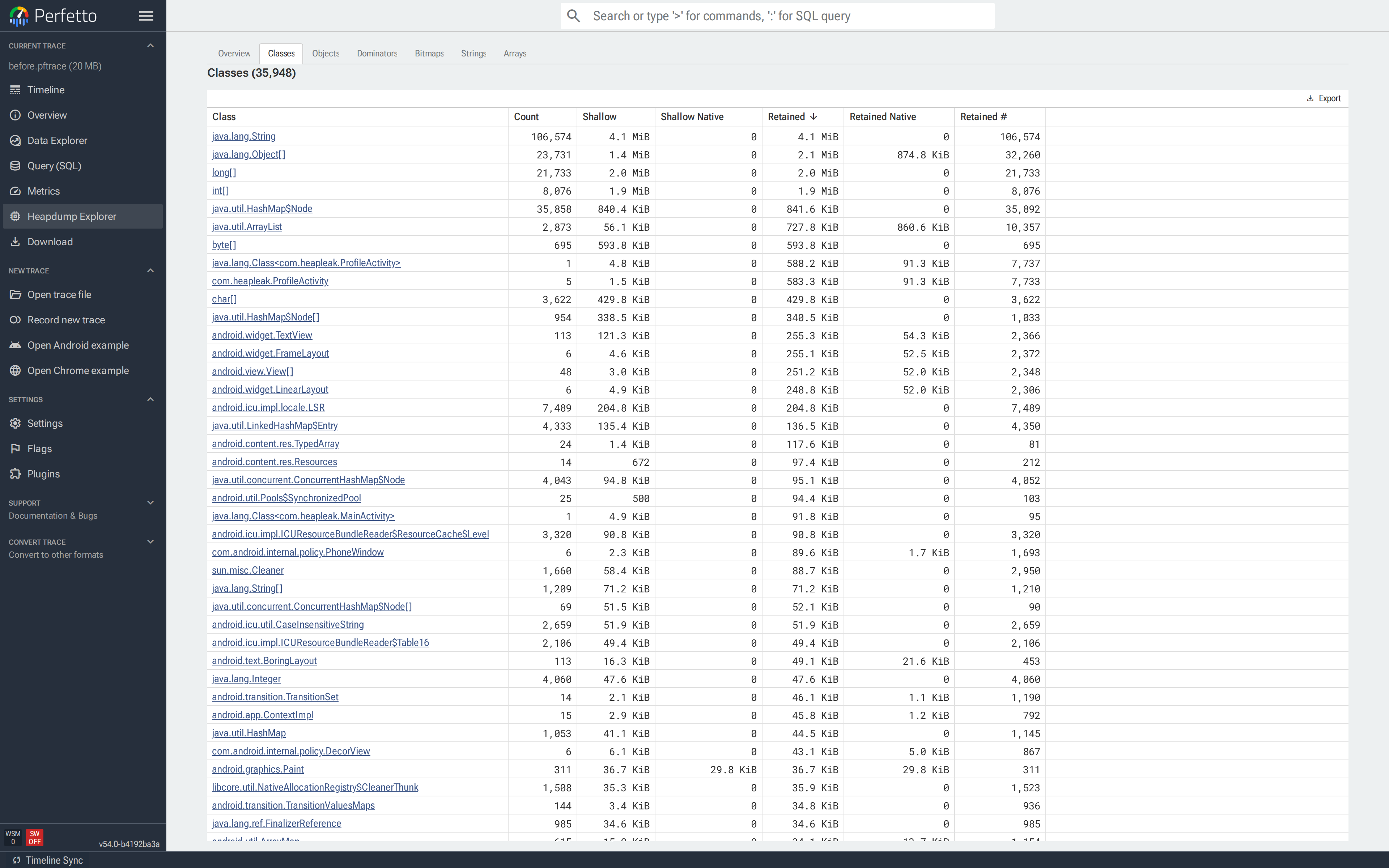 Classes tab sorted by Retained; `byte[]` and `java.lang.String` at the top, `com.heapleak.ProfileActivity` further down with Count 1.