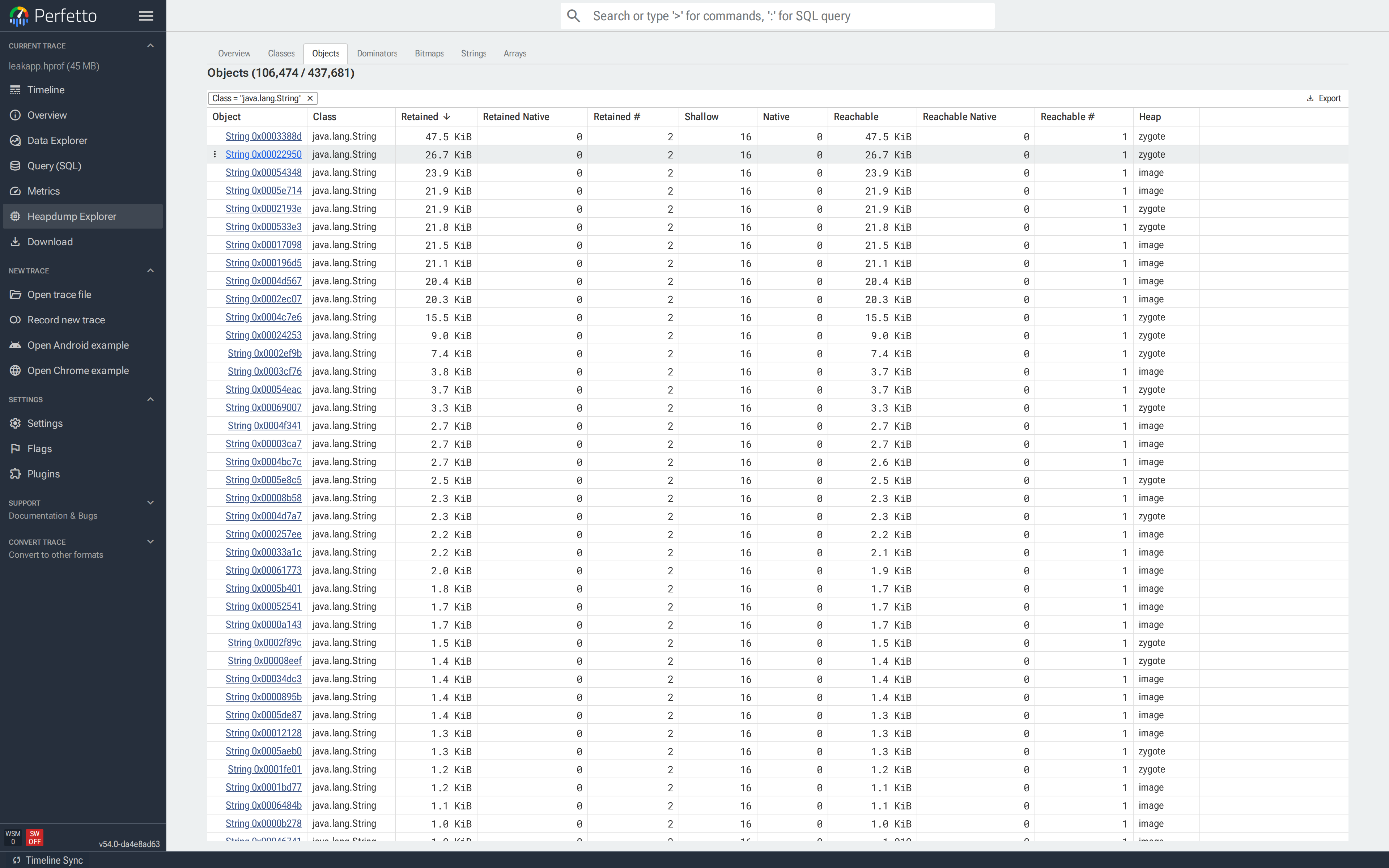 Objects tab filtered to `java.lang.String`; 106,474 instances of 437,681 total, sorted by retained bytes.
