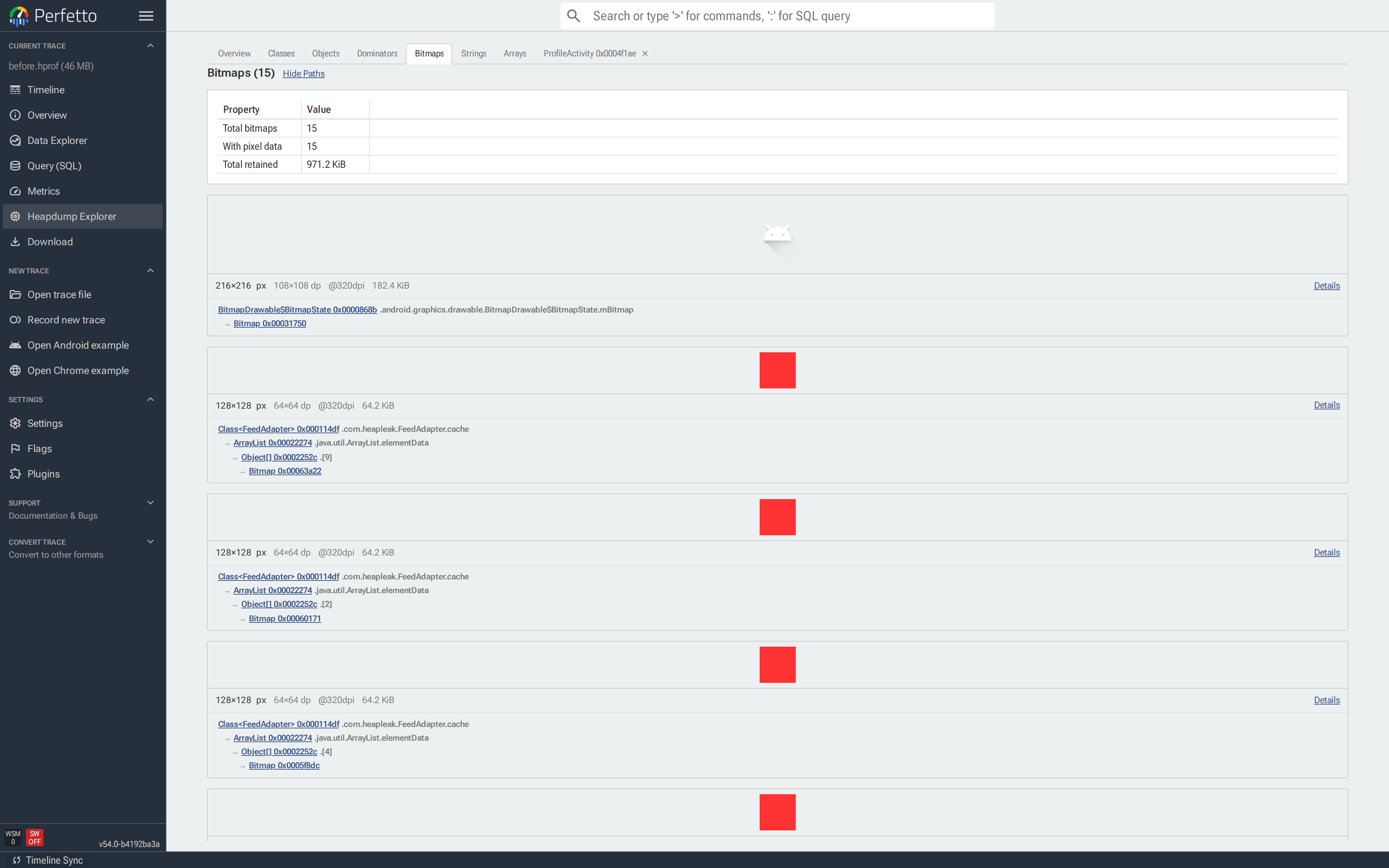 Bitmaps gallery with "Show Paths" enabled; the reference chain below each card runs `Class<FeedAdapter>.cache → ArrayList → Bitmap`, showing the single static holder.