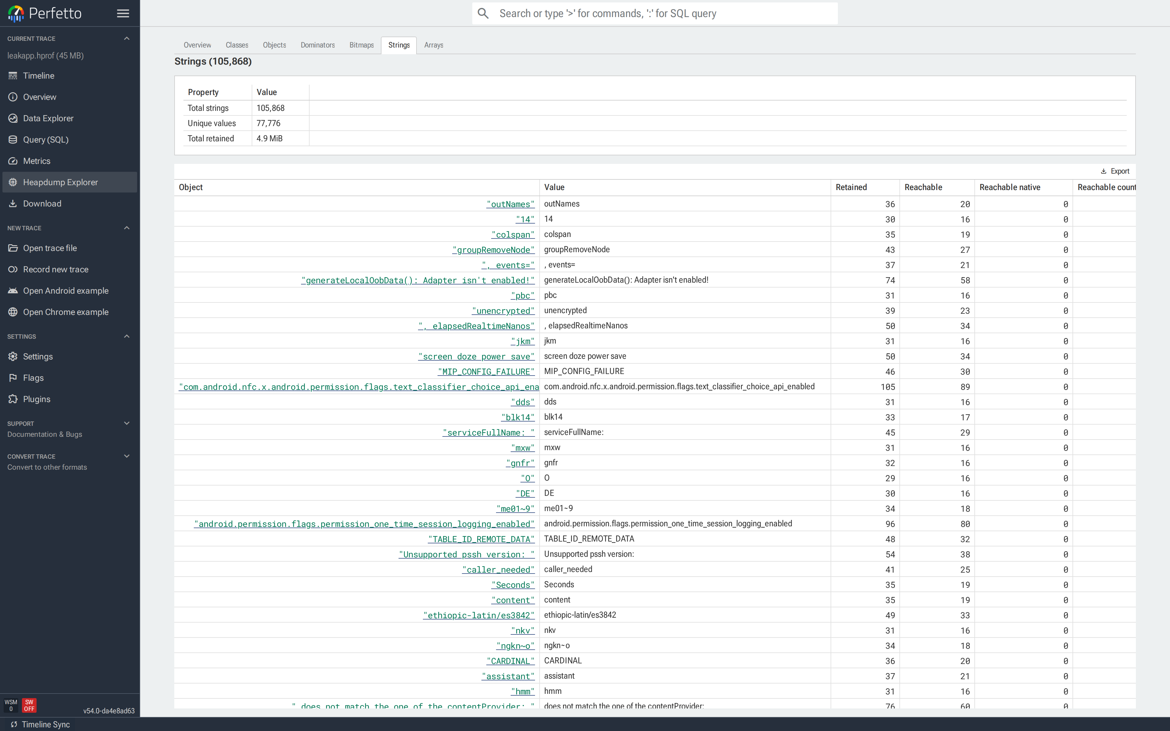 Strings tab: 105,868 total strings, 71,176 unique, 4.9 MiB retained. The gap between total and distinct (≈30k duplicates) is memory spent on duplicated values.