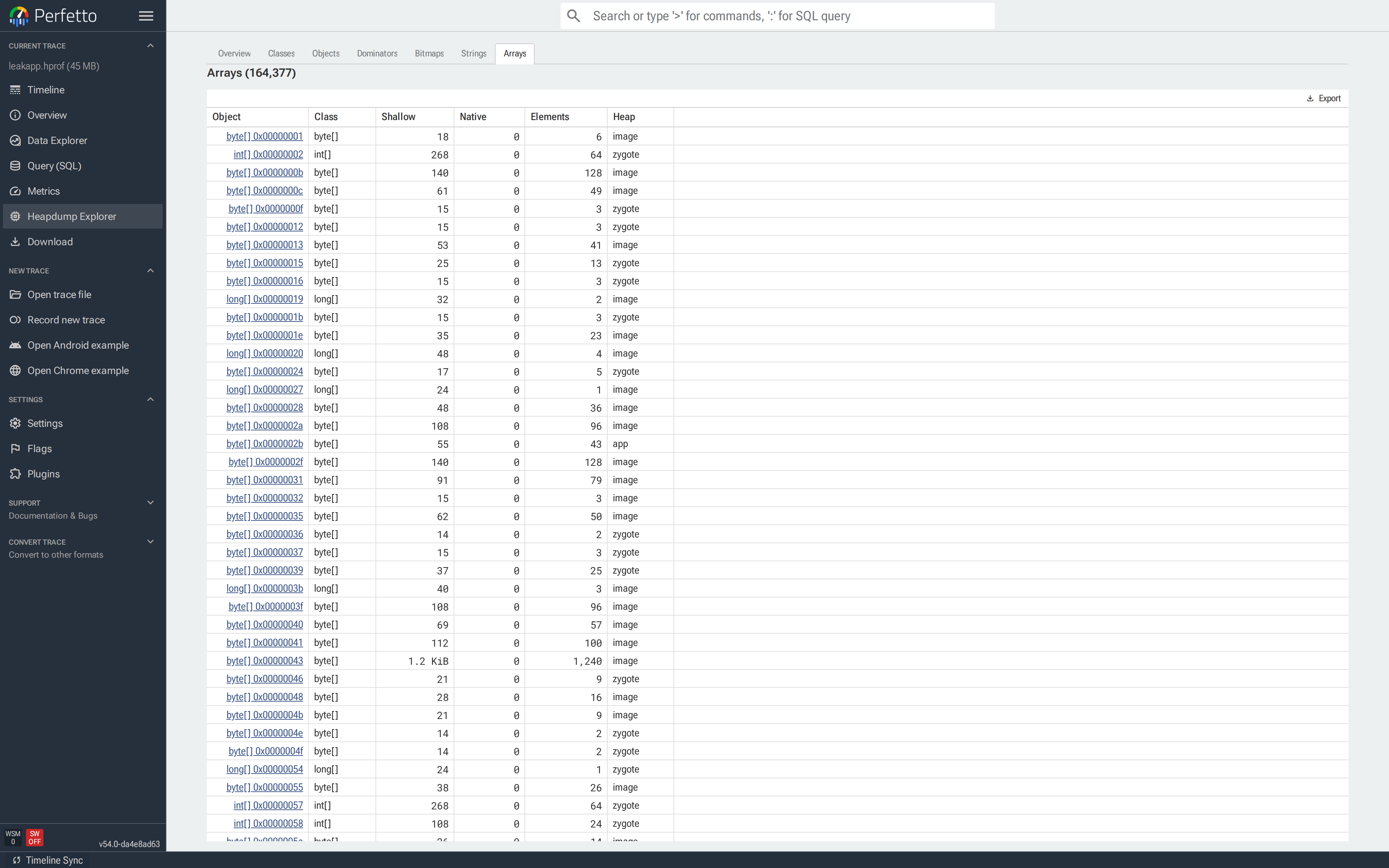 Arrays tab sorted by Shallow with the Content Hash column visible; filtering by hash returns every array sharing the same bytes.
