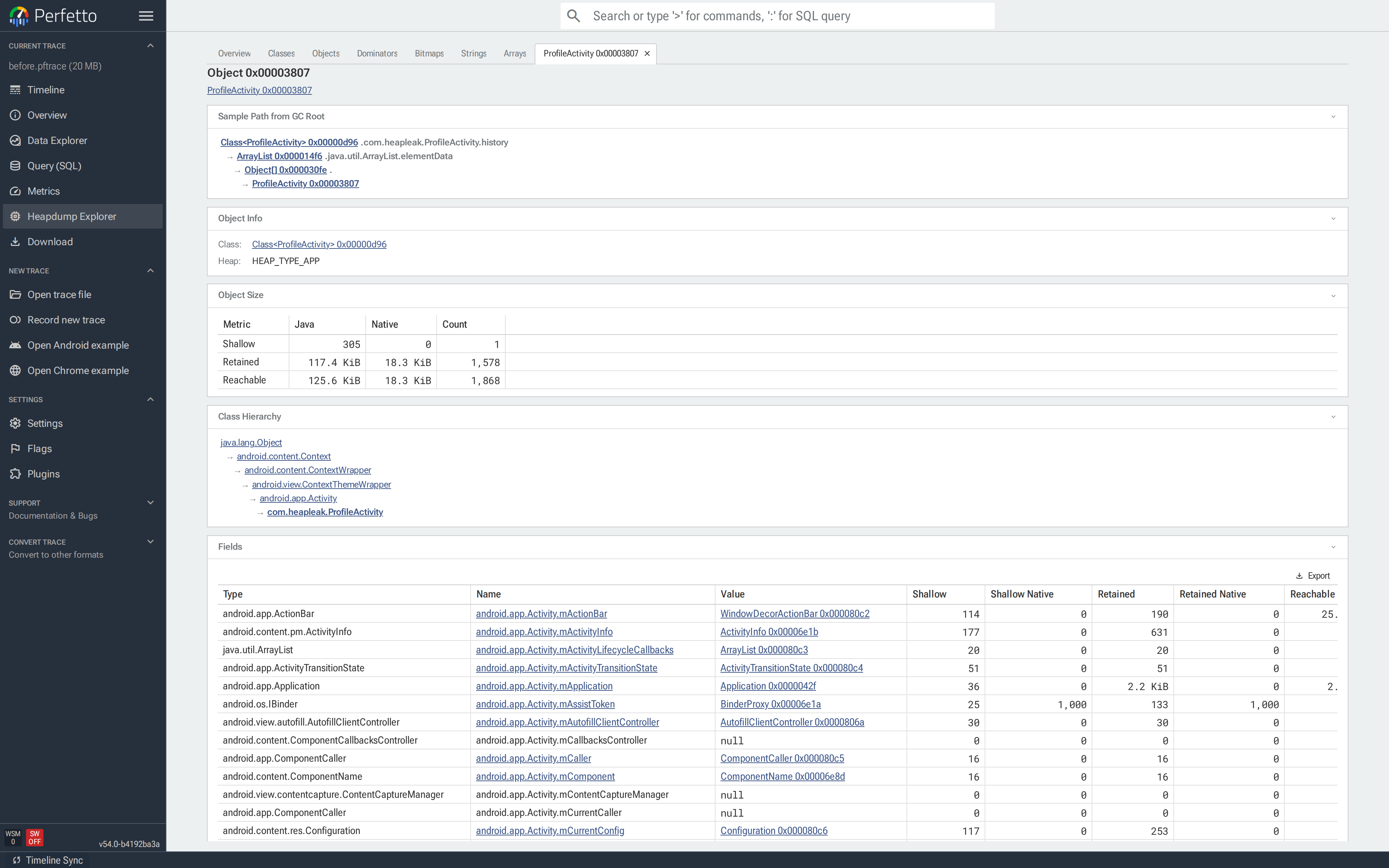 Object tab (top) for `ProfileActivity 0x0004f1ae`: Sample Path from GC Root goes `Class<ProfileActivity> → com.heapleak.ProfileActivity.history → ArrayList → Object[0] → ProfileActivity`; retained 117.6 KiB across 1,604 objects.