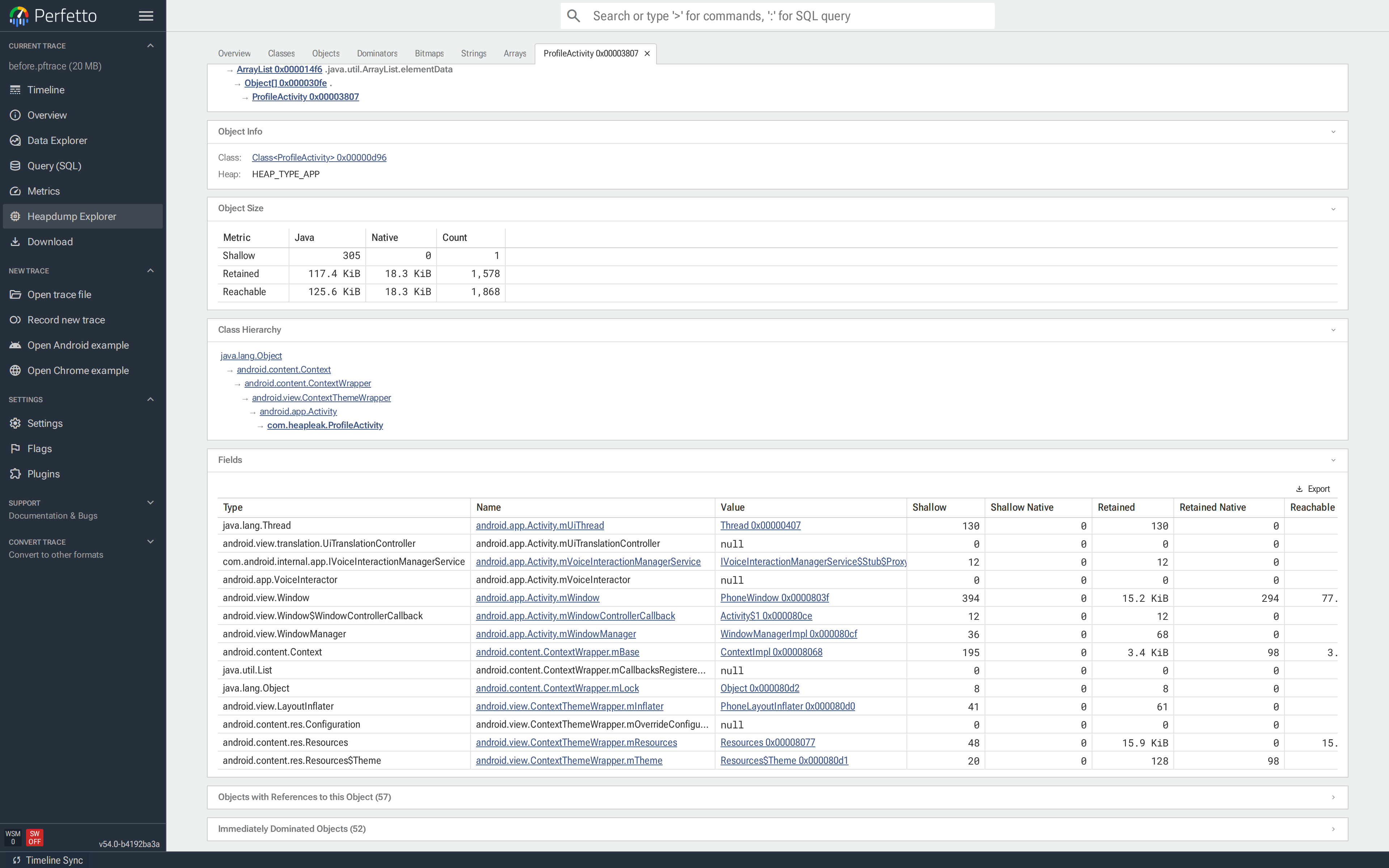Object tab (bottom): instance fields from `android.app.Activity`, "Objects with References to this Object" (reverse references from views and context wrappers), and "Immediately Dominated Objects" — the view hierarchy that would be freed if this instance became unreachable.
