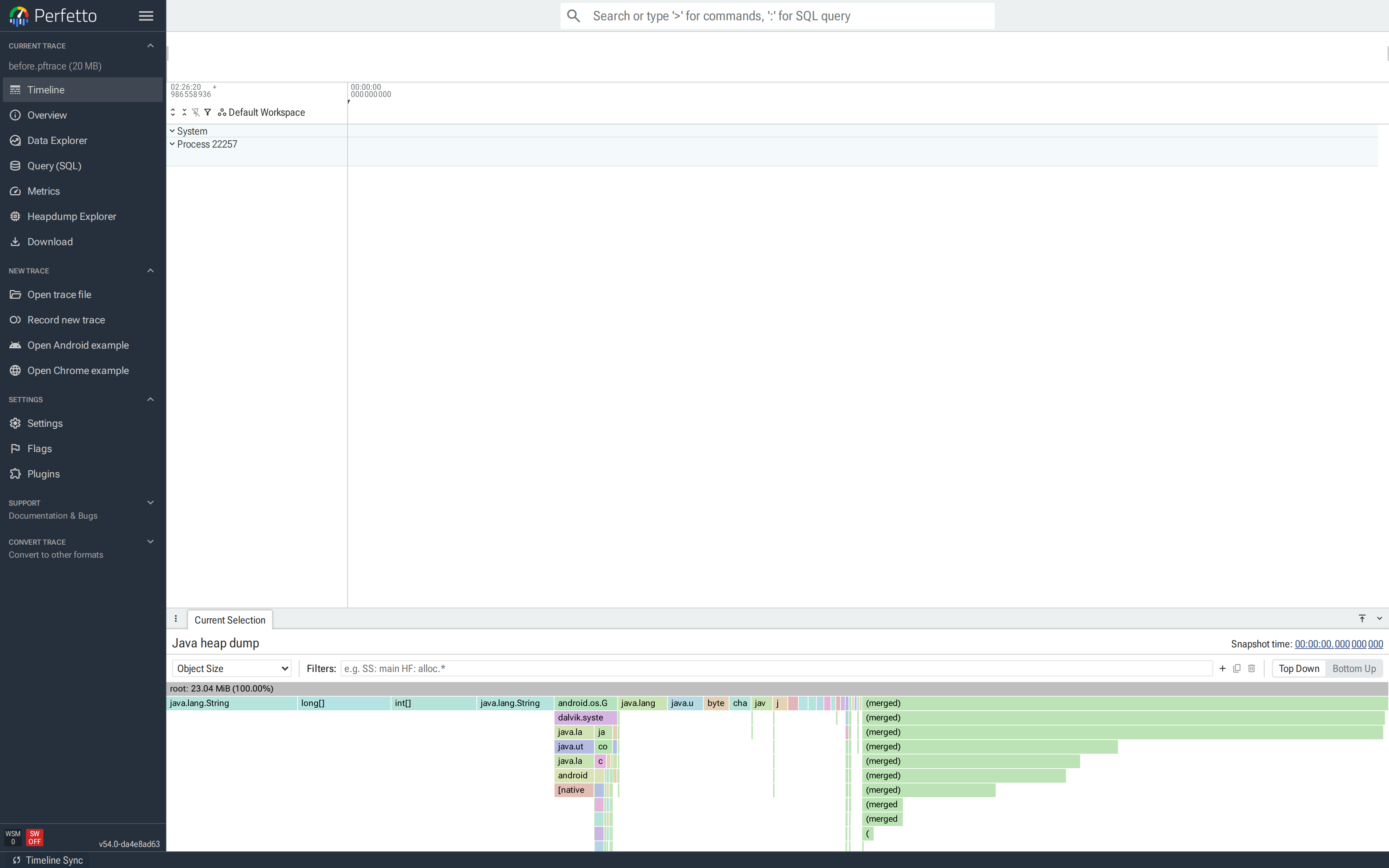 Timeline on top, heap graph flamegraph in the bottom panel after clicking the heap dump diamond on the process track.