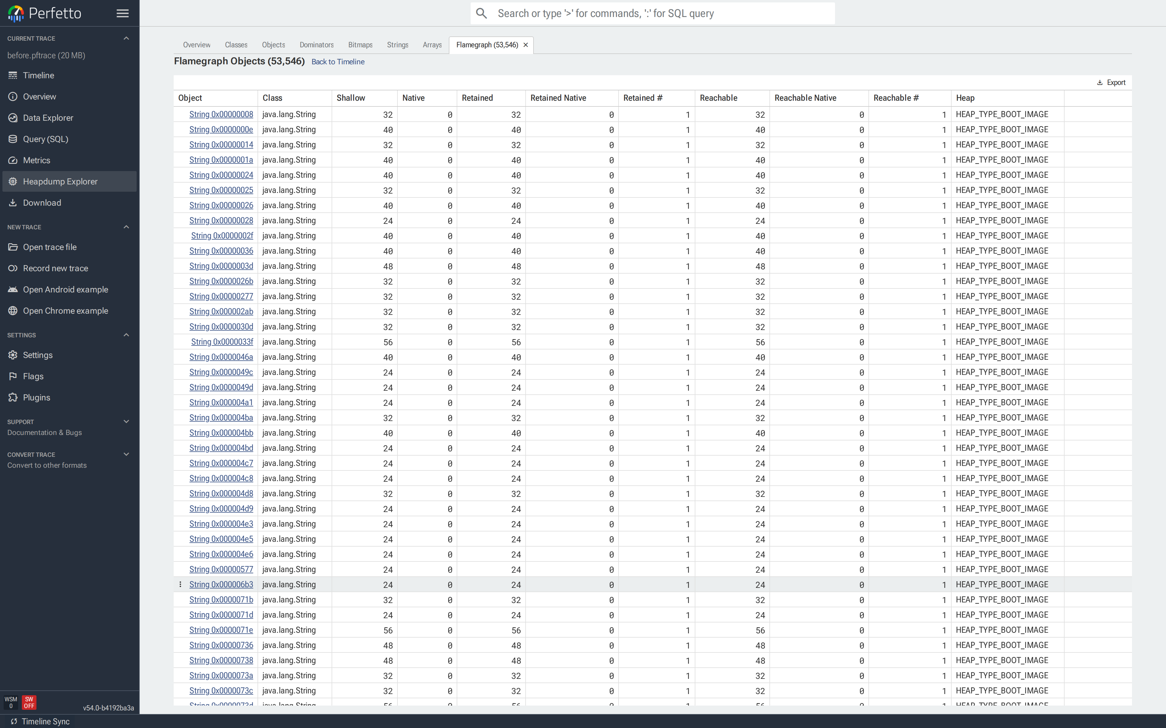 Flamegraph Objects tab opened after picking "Open in Heapdump Explorer" on `java.lang.String`: 53,546 rows, each with class, shallow/retained sizes and heap. The tab is appended to the right of the fixed seven-tab bar, with a "Back to Timeline" link at the top right.
