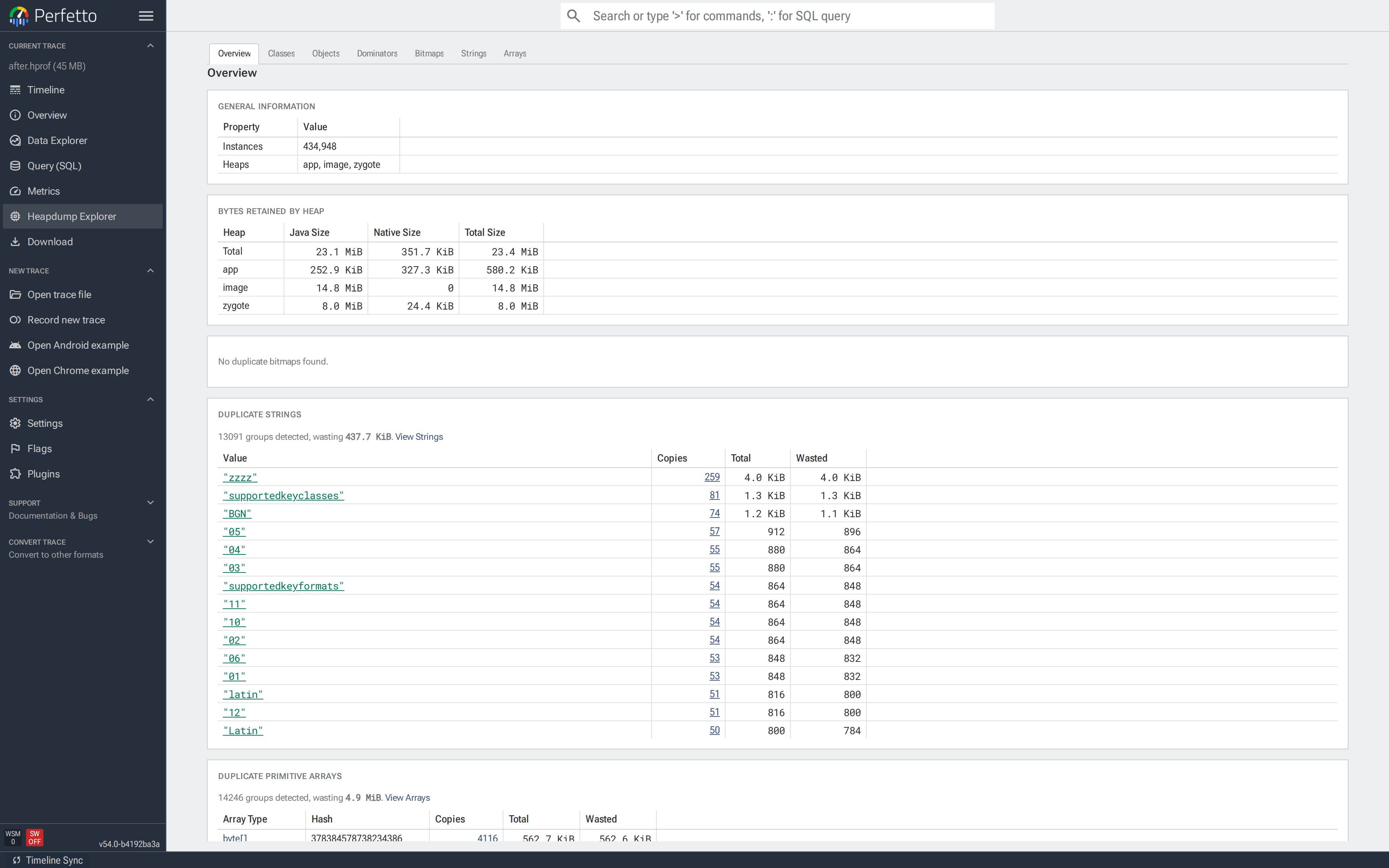 Overview tab on the fixed trace. The Duplicate Bitmaps card now reads "No duplicate bitmaps found" and app-heap retained memory has dropped from 2.1 MiB to 580.2 KiB.