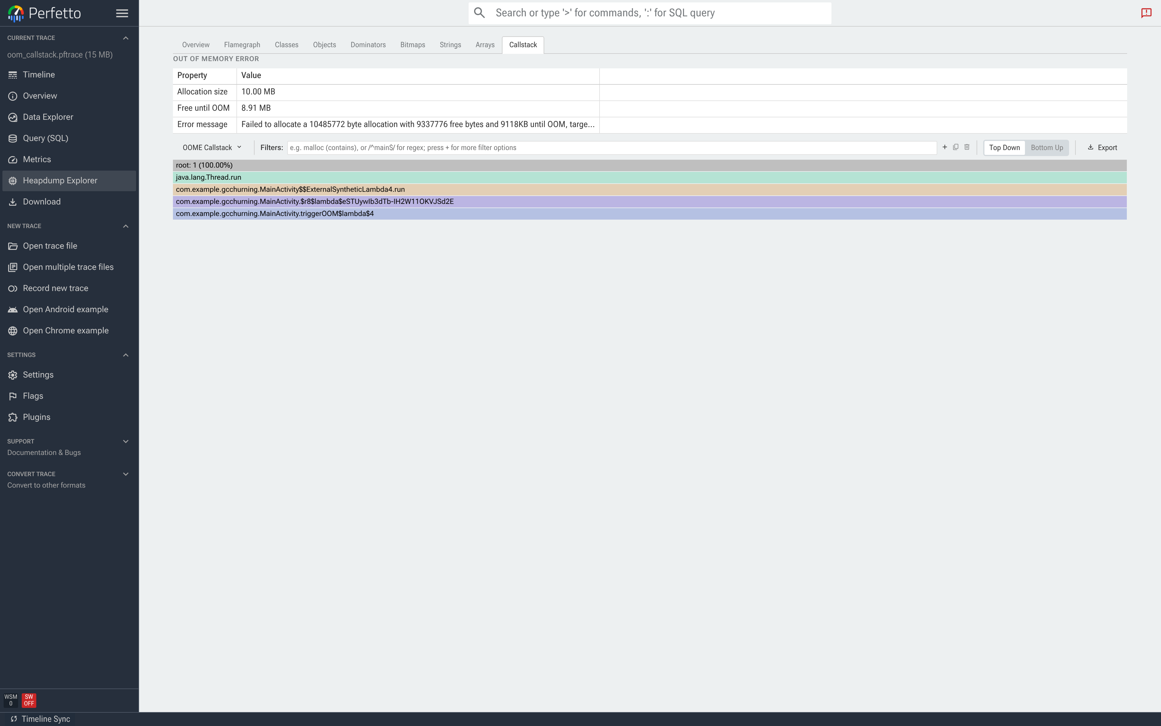 Callstack tab for an OOM dump. The Out of Memory Error grid reports Allocation size 10.00 MB, Free until OOM 8.91 MB and the raw ART error message; below it the allocation stack runs java.lang.Thread.run down to MainActivity.triggerOOM.