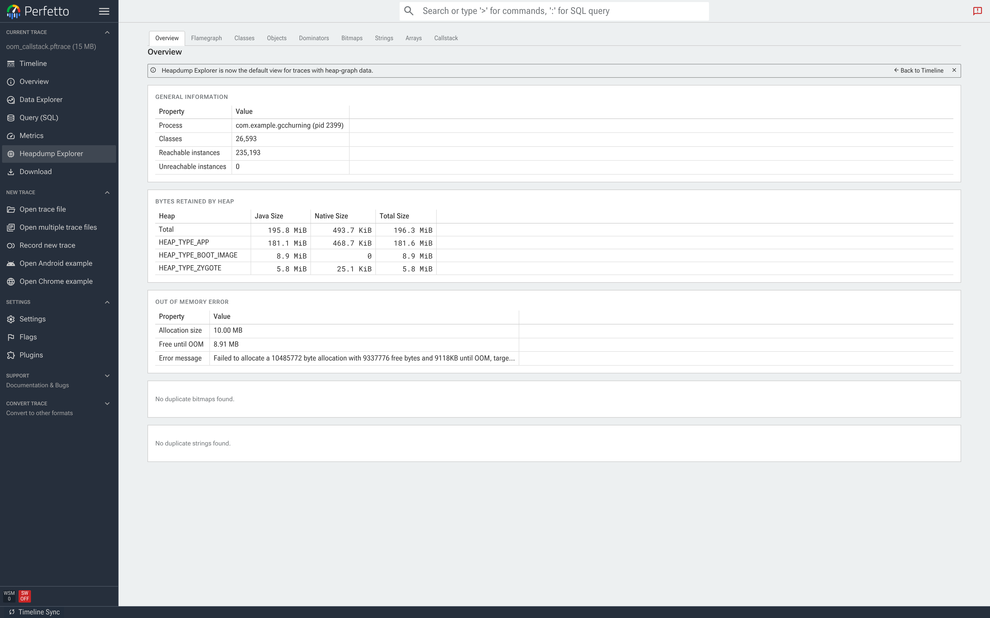 Overview tab for an OOM dump. Below Bytes Retained by Heap, the Out of Memory Error card reports Allocation size 10.00 MB, Free until OOM 8.91 MB, and the raw ART error message.