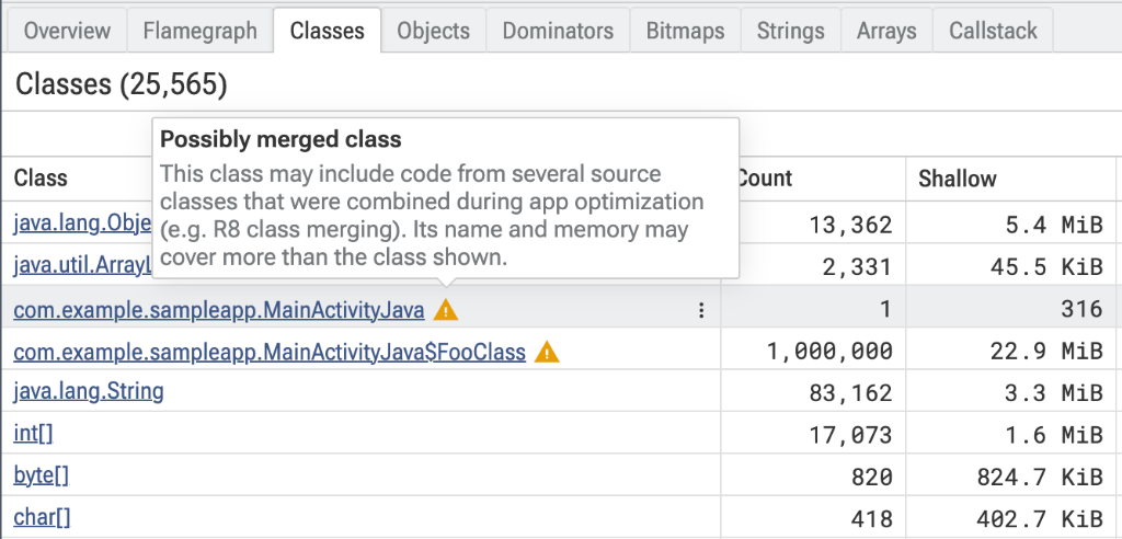 Classes tab with a warning icon after `com.example.sampleapp.MainActivityJava`; its tooltip reads "Possibly merged class".