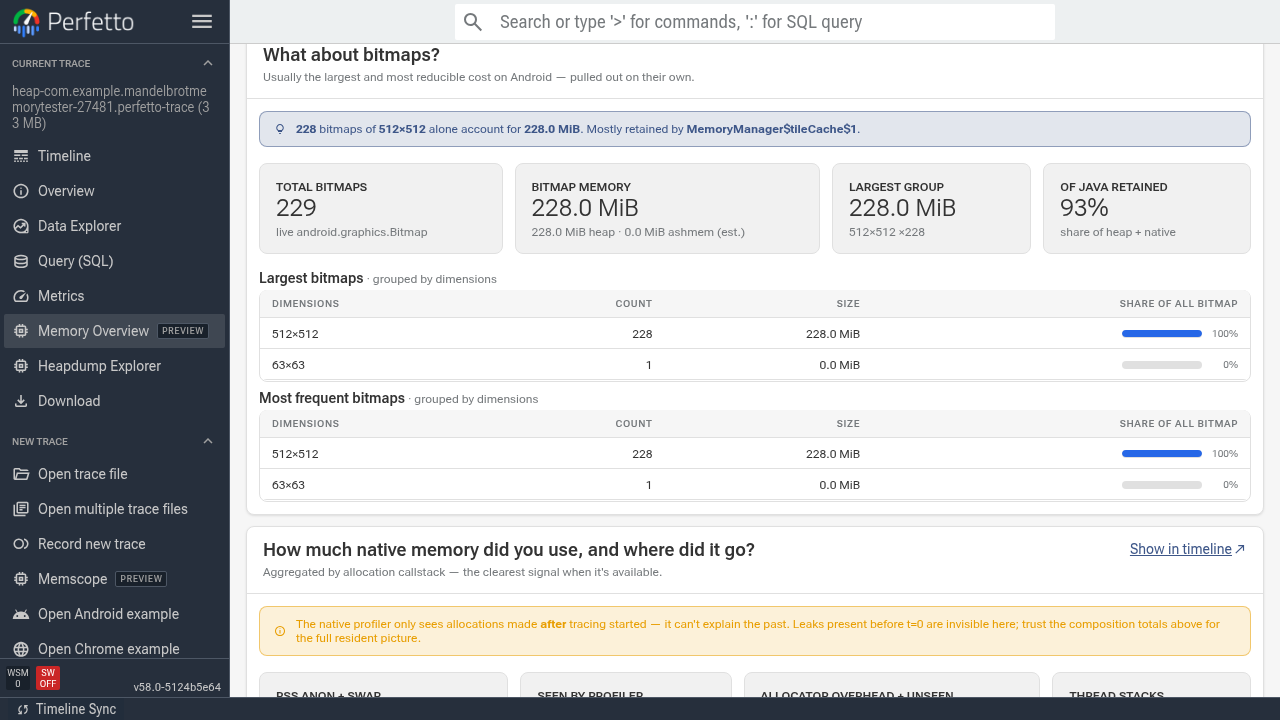 Bitmaps section summarizing the heaviest bitmaps