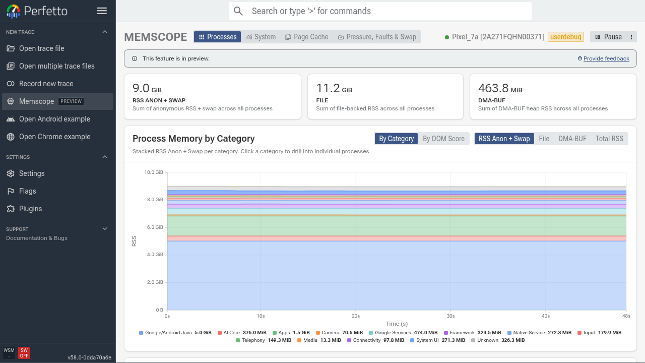 Memscope connected view showing system stats and process list