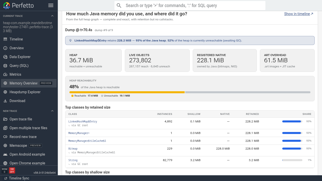 Java heap memory breakdown for the profiled app