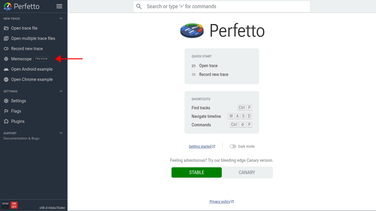 Perfetto UI with the Memscope entry highlighted in the sidebar