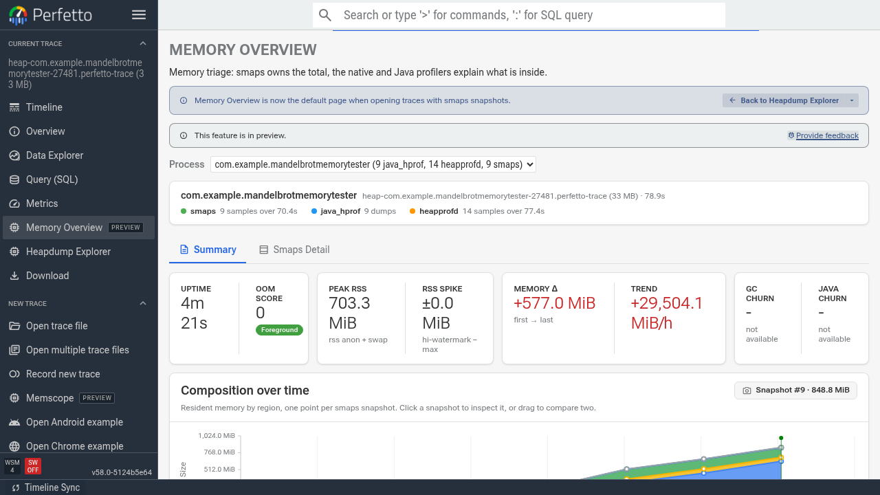 Memory Overview as it opens from a Memscope trace, with the process selector showing the profiled app
