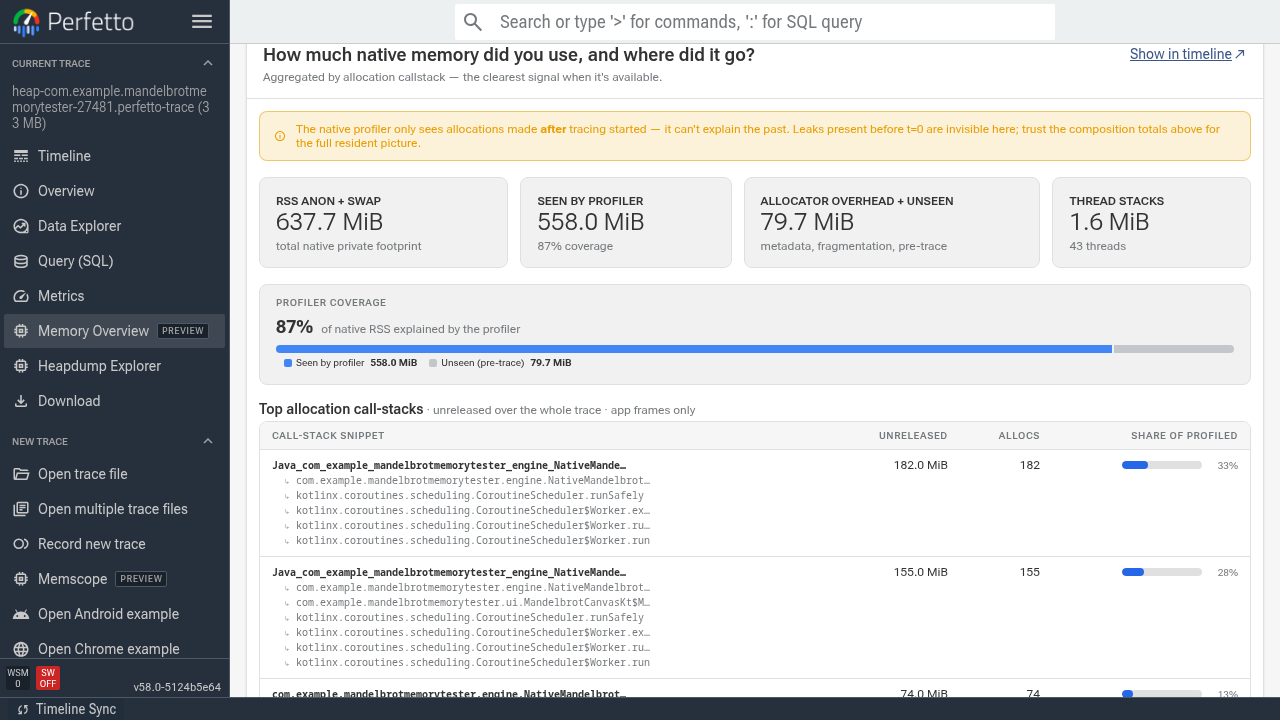 Native memory breakdown for the profiled app