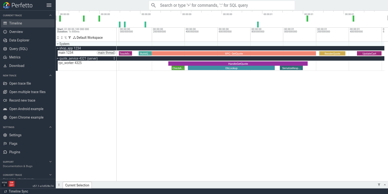 A merged trace: a phone app and a backend server on one timeline