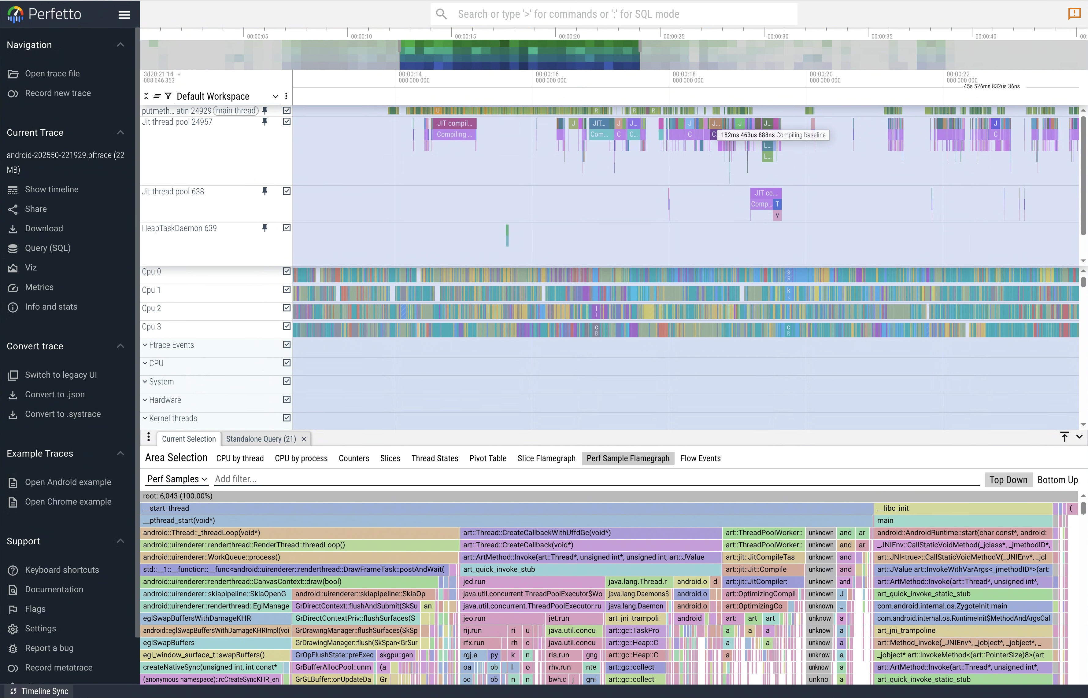 Perfetto UI with a trace loaded