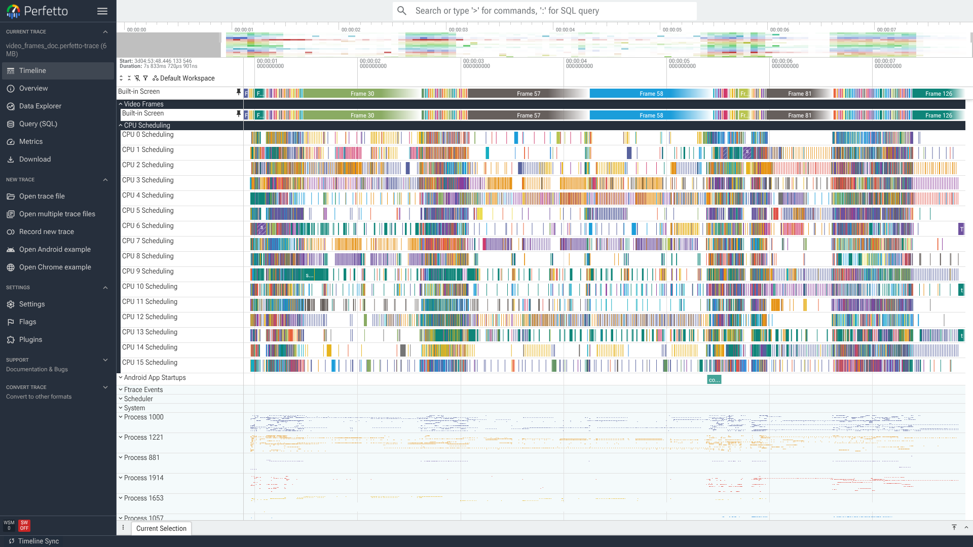 The Perfetto timeline with the "Video Frames" group's "Built-in Screen" track pinned to the top — a row of coloured slices labelled Frame 30, Frame 57, and so on — above the CPU scheduling tracks.